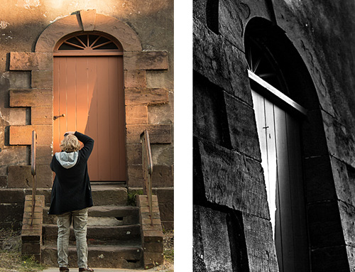 Maggie Zwilling made one of the best images of the workshop before we had even officially started. Kim Hawks photographed Maggie as she was working with the rapidly shifting late day light on the door of the lighthouse. Kim's image on the left shows Maggie while she was hard at work exploring the subject, but also shows how the door appears in a literal sense. Maggie's lovely image on the right shows a recognition of shape, texture, and light, independent of the meaning of the object. In other words, Maggie found a composition not bound by the logic of a door.